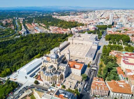 almudena cathedral royal palace madrid aerial panoramic view madrid spain