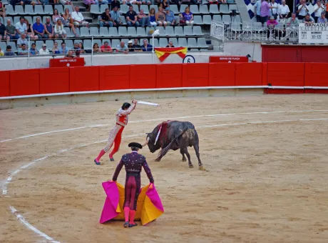 barcelona spain august 01 2010 one final stages corrida bullfighter is stabbing spear into bull s spine la monumental bullfighting arena museum barcelona spain