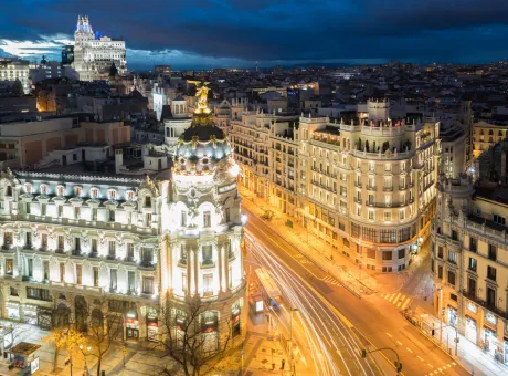 car traffic lights gran via street main shopping street madrid night spain