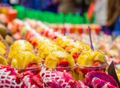 closeup set packed slice fresh fruits famous la boqueria market ramblas street barcelona spain