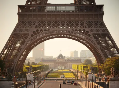 eiffel tower closeup with street as famous city landmark paris