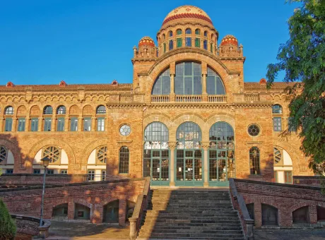 entrance into hospital de sant pau barcelona spain english it is called as hospital holy cross saint paul it used be hospital now it is museum