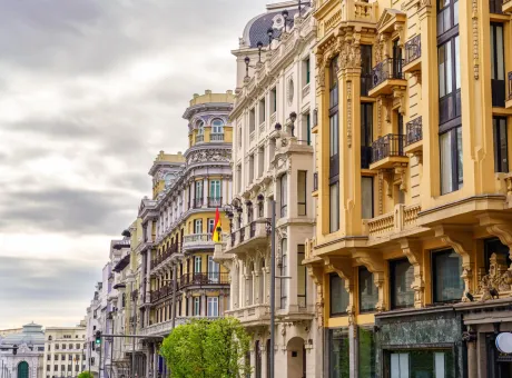 facades neoclassical buildings madrids gran via dawn