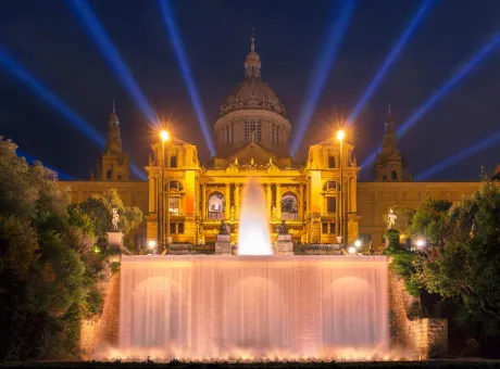 famous light show magic fountains front national art museum placa espanya barcelona night catalonia spain