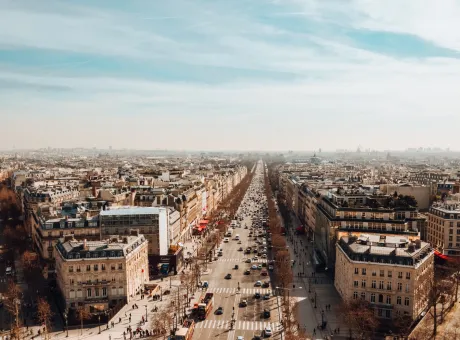 high angle view avenue des champs elysees cloudy sky sunlight paris