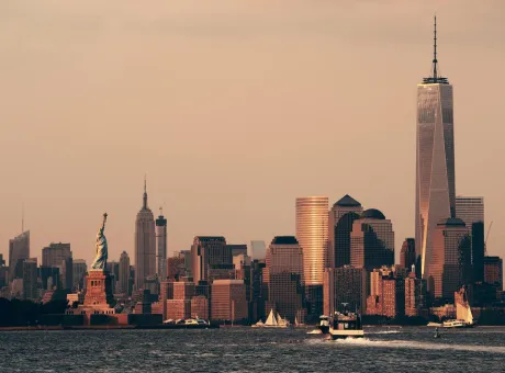 manhattan downtown skyline with urban skyscrapers river