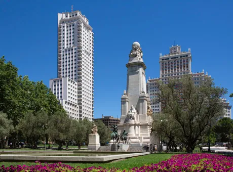 miguel de cervantes monument madrid tower espana building plaza de espana madrid spain