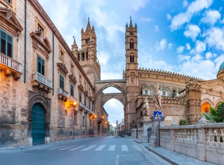 palermo cathedral connected with arcades archbishops palace palermo morning sicily italy