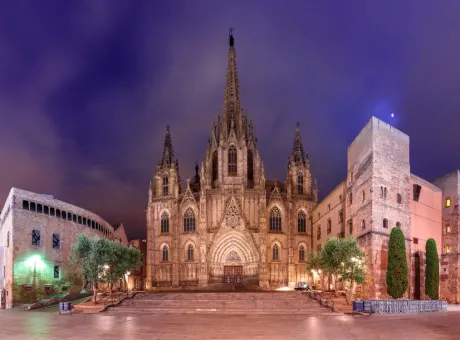 panorama cathedral holy cross saint eulalia moonlit night barri gothic quarter barcelona catalonia spain