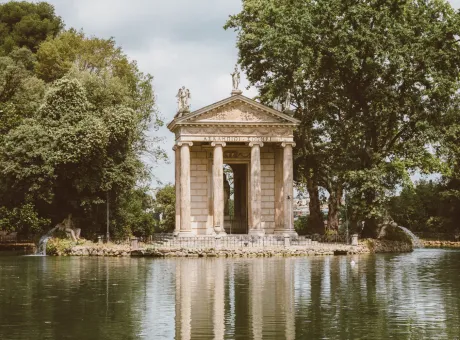 panoramic view temple asclepius tempio di esculapio lake public park villa borghese summer day blue sky 2