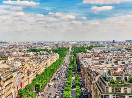 paris france july 06 2016 beautiful panoramic view paris from roof triumphal arch champs elysees