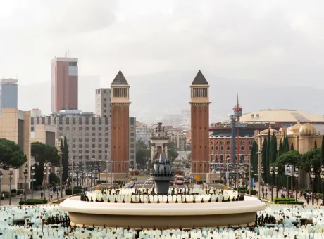 plaza de espana venetian towers fountain view from palau nacional barcelona spain