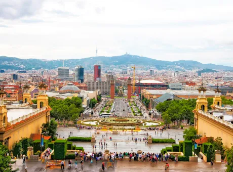 plaza de espana venetian towers montjuic barcelona spain placa espanya is one most important well known squares barcelona it is placed foot montjuic mountain