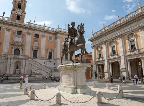 rome italy june 23 2018 panoramic view capitolium capitoline hill is one seven hills rome equestrian statue marcus aurelius is ancient roman statue piazza del campidoglio 1