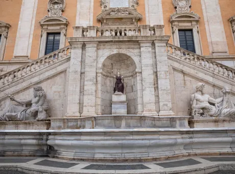 rome italy june 23 2018 view facade with sculpture palace senators palazzo senatorio piazza del campidoglio capitoline hill 1