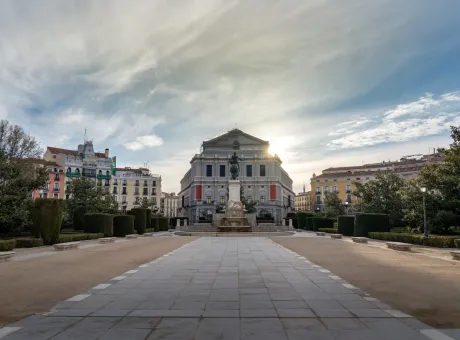 royal theater de madrid its rear facade public park with trees plants spain