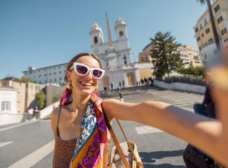 woman taking selfie photo background famous spanish steps rome