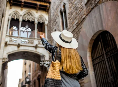young woman tourist looking famous bridge sighs old town barcelona city